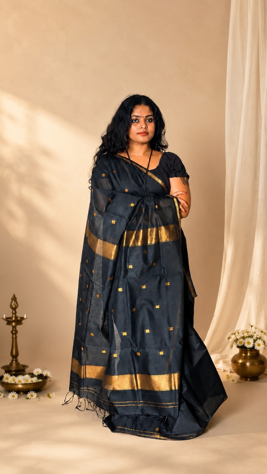 Maheshwari Semi Silk Saree (Royal Blue & Gold) — Authentic handwoven Maheshwari Semi Silk traditional South Indian saree from Sringaram online boutique, ideal for temple visits and cultural events in Kerala, Tamil Nadu, and Karnataka
