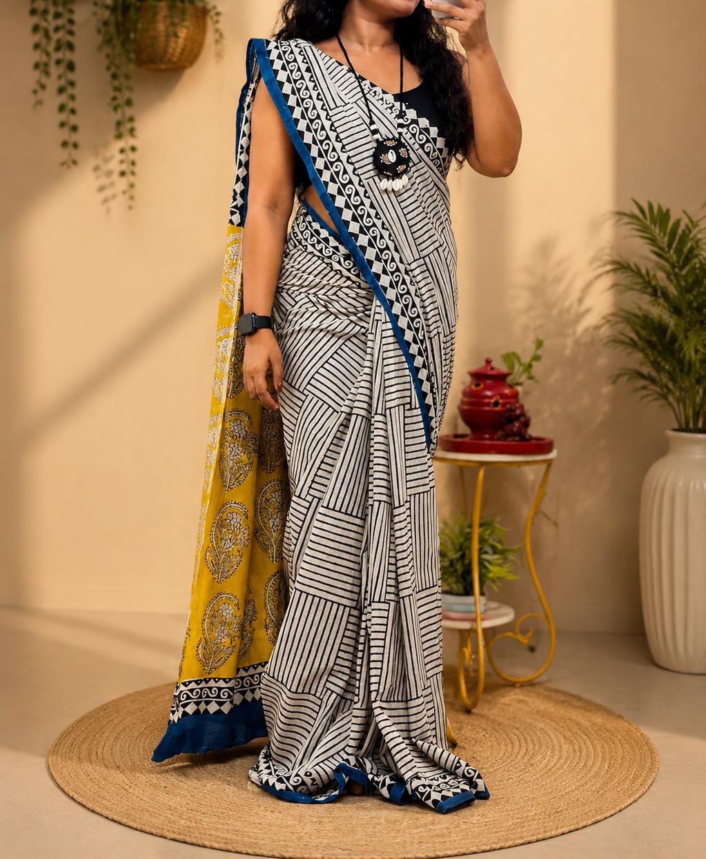 Mulmul Cotton Saree (Indigo Blossom) — Authentic handwoven Mulmul Cotton Weave casual South Indian saree from Sringaram online boutique, ideal for lightweight daily luxury and professional office wear