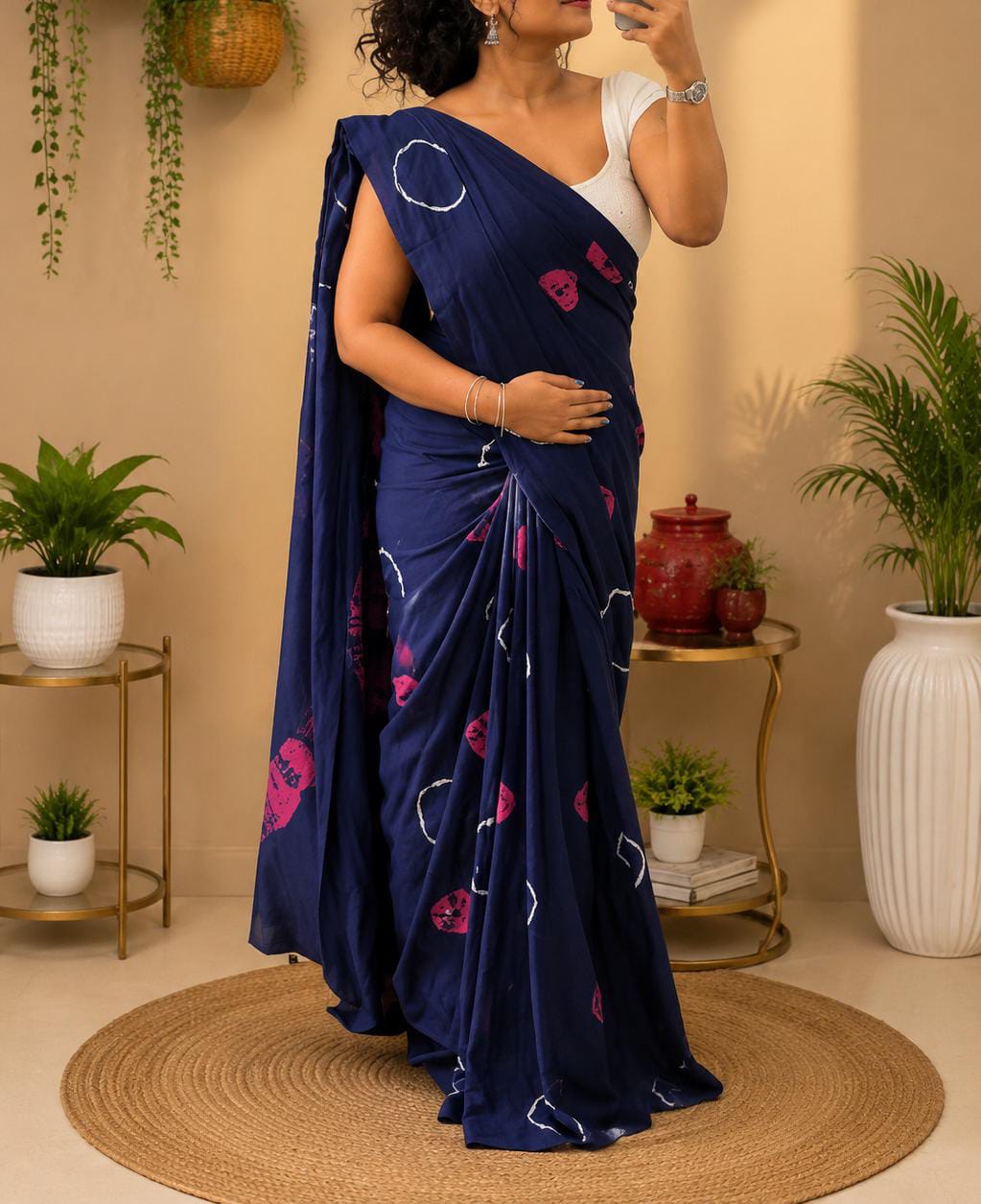 Mulmul Cotton Saree (Geometric Block Print) — Authentic handwoven Mulmul Cotton Weave casual South Indian saree from Sringaram online boutique, ideal for lightweight daily luxury and professional office wear