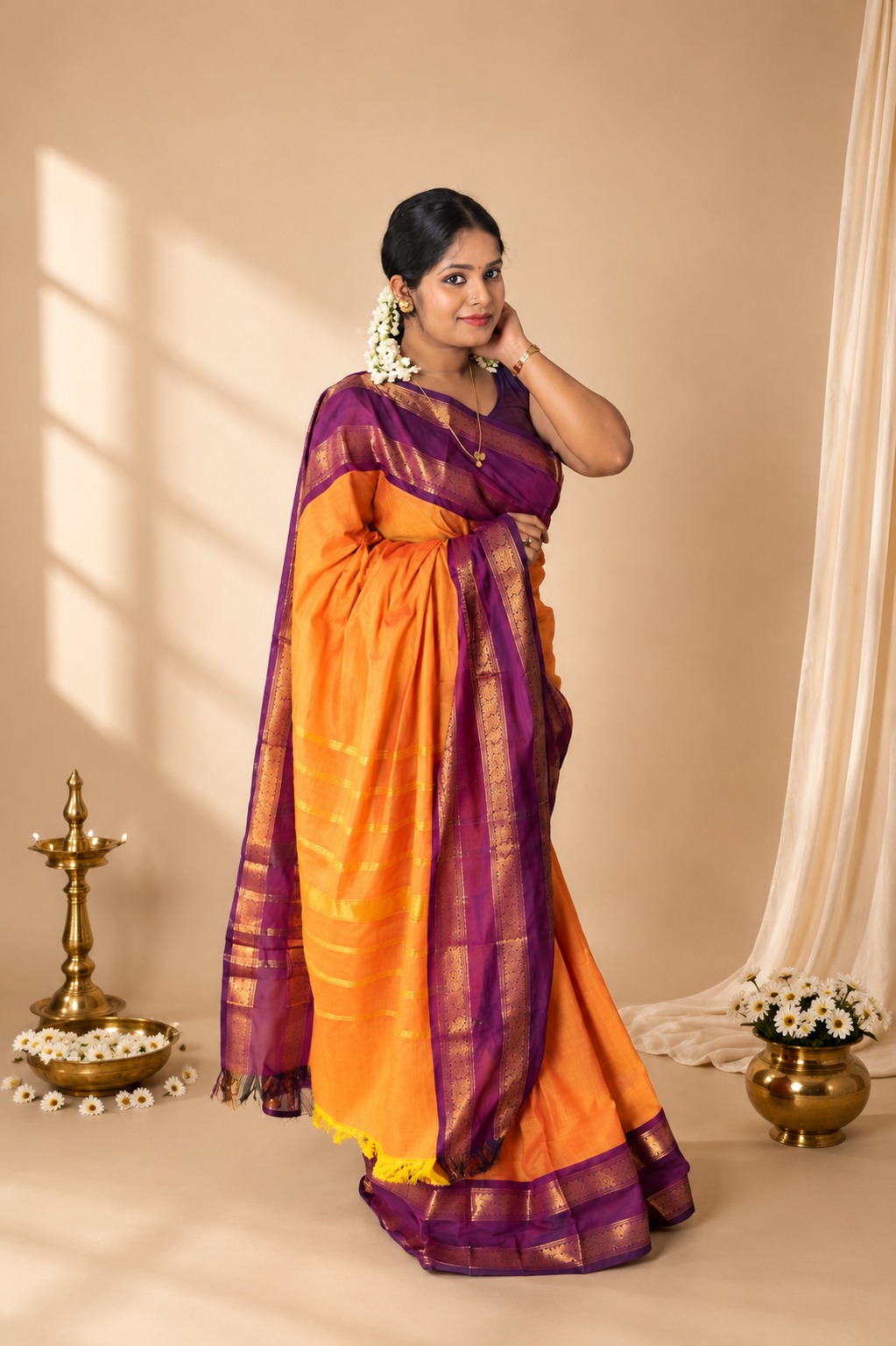 Premium Kanchi Cotton Saree (Contrast Border) — Authentic handwoven Kanchi Handloom Cotton traditional South Indian saree from Sringaram online boutique, ideal for temple visits and cultural events in Kerala, Tamil Nadu, and Karnataka